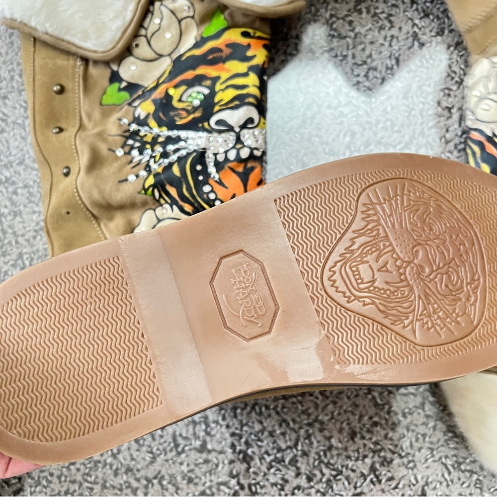 2008 Original Ed hardy tall tan suede boots with swarovski crystals - Picture 3 of 10